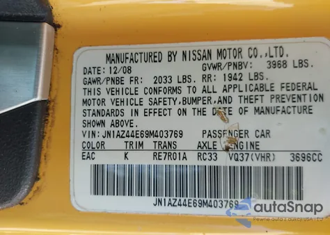 2009 Nissan 370Z Touring из США, поврежденный, VIN JN1AZ44E69M403769